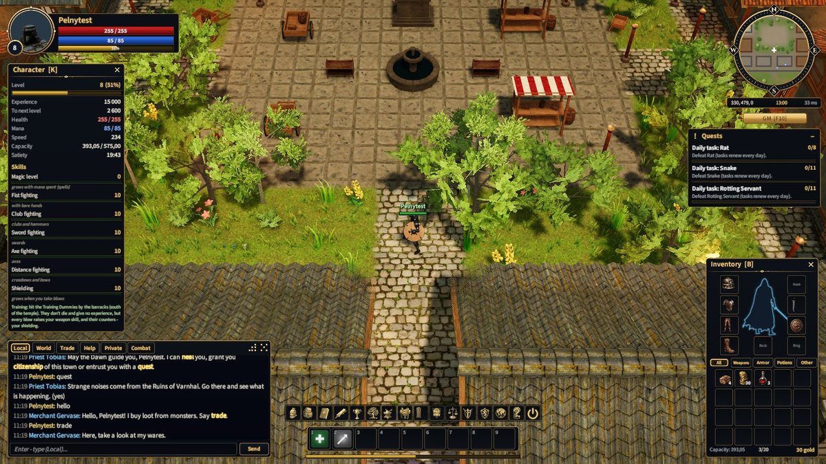 The game window: character, quests, minimap, battle list, chat, hotbar and backpack